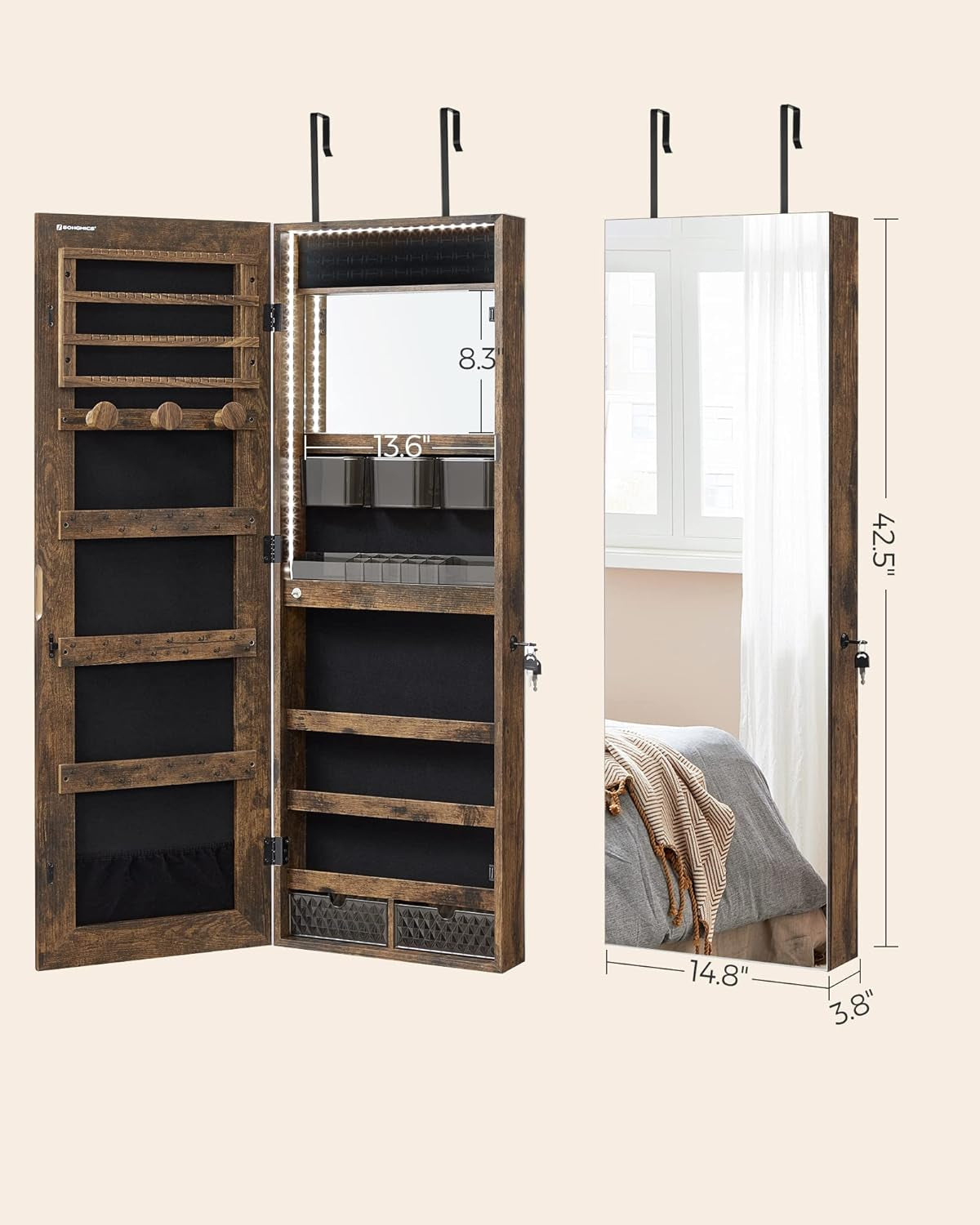Mirror Jewelry Cabinet Armoire Organizer, Wall or Door Mount Storage Cabinet with Full-Length Frameless Lighted Mirror, Built-In Makeup Mirror, 2 Drawers, Lockable, Rustic Brown UJJC013X01