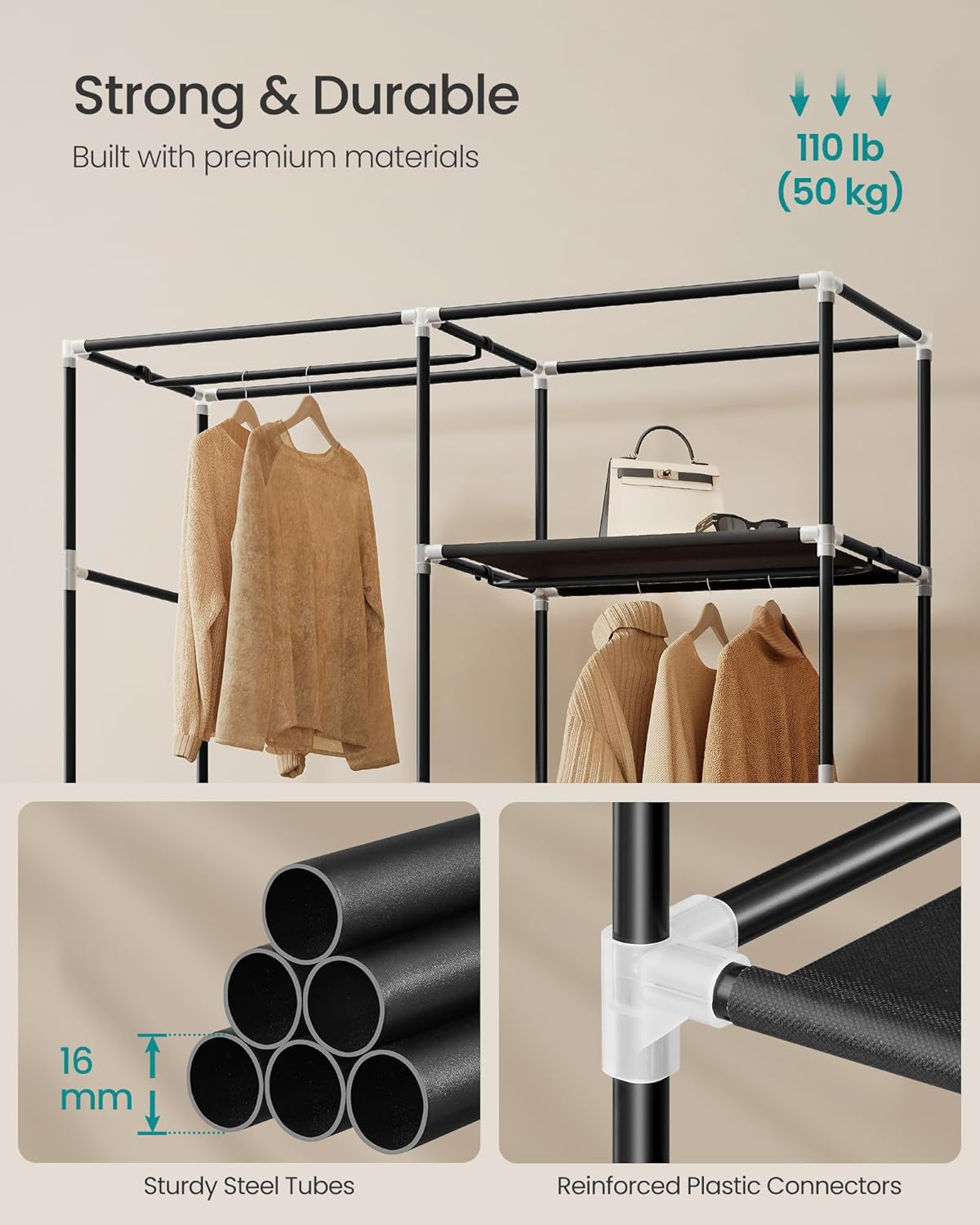 Portable Closet, Fabric Wardrobe, Clothes Rack with Shelves, Pockets, Large Capacity, 3 Hanging Rods, 17.7 X 50 X 70.9 Inches, Black URYG010BZ02
