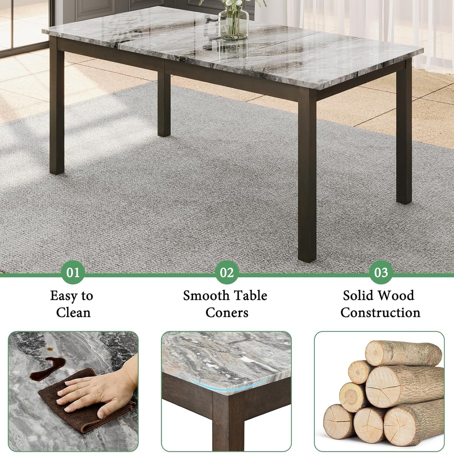 7-Piece Dining Table Set, 71" Faux Marble Modern Table with 6 PU Leather Upholstered Chairs, Heavy-Duty Solid Wood Set for Kitchen & Dining Room, Dark Brown