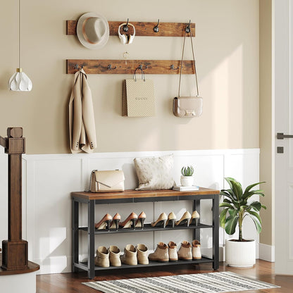 Hall Tree with Bench, Shoe Rack with Coat Rack, Entryway Bench with Coat Rack, Coat Rack with Shoe Storage, with 2 Oxford Fabric Shelves, Mud Room, Industrial, Rustic Brown and Black BF77MT01