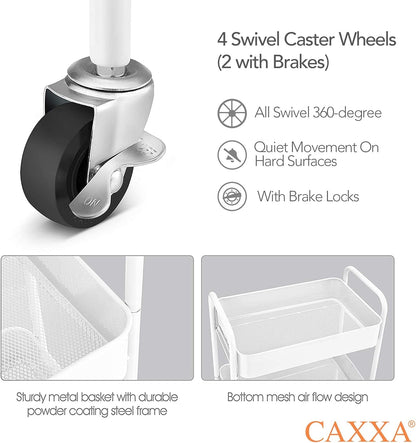 3-Tier Rolling Metal Storage Organizer - Mobile Utility Cart Kitchen Cart with Caster Wheels, White