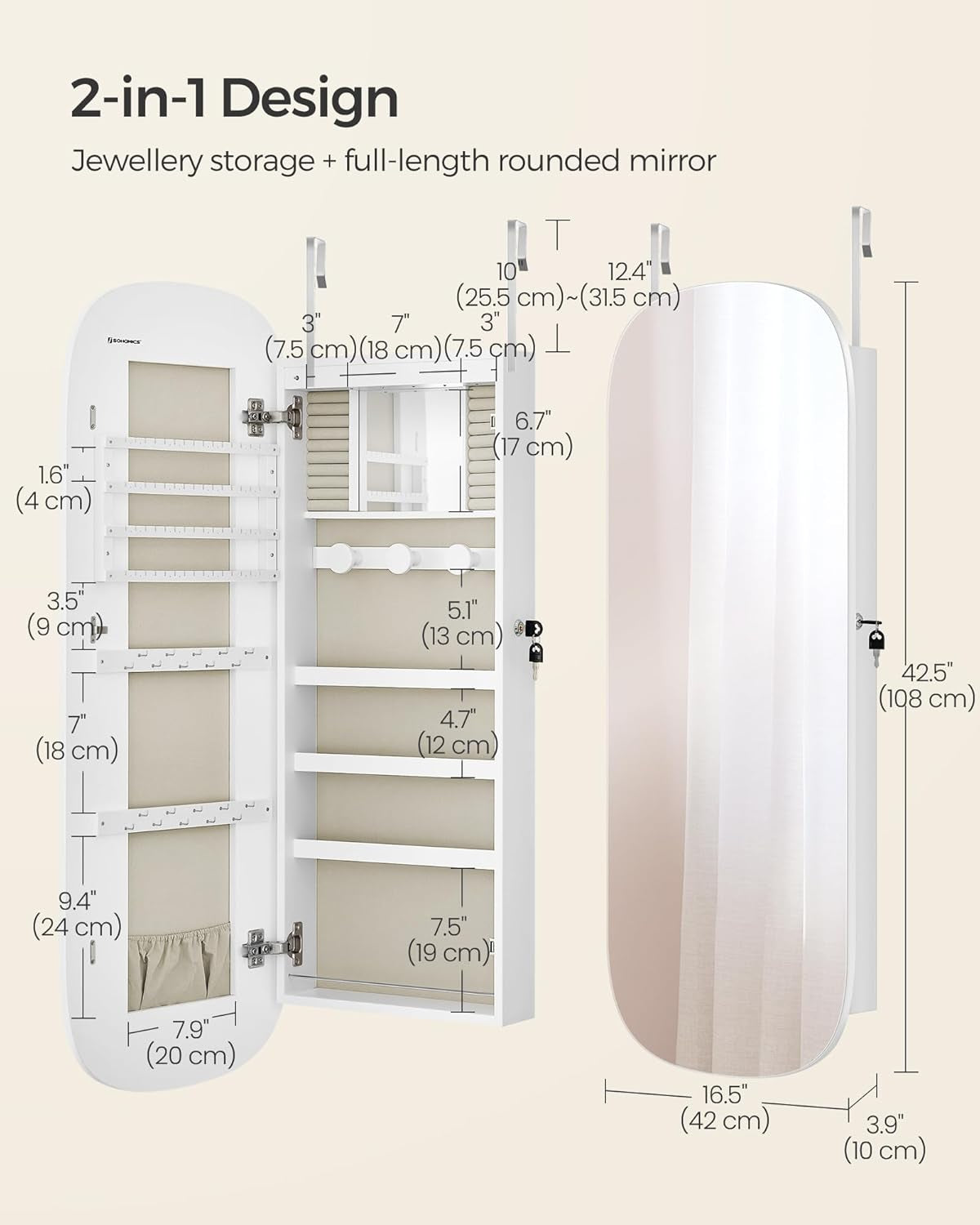 Jewelry Organizer, LED Jewelry Cabinet Wall/Door Mounted, Lockable Rounded Wide Mirror with Storage, Interior Mirror, 3.9 X 16.5 X 42.5 Inches, White Surface with Greige Lining
