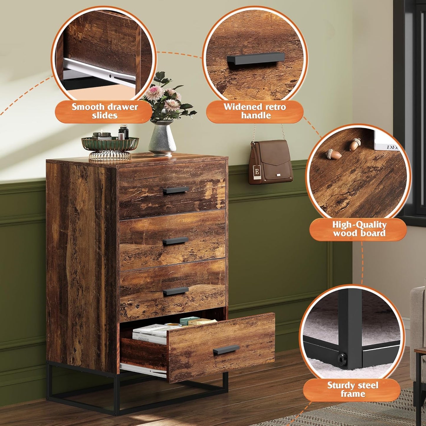 Wood Dresser for Bedroom with 4 Drawers, Tall Dresser with Sturdy Metal Frame, Wooden Chest of Drawers for Hallway, Living Room, Closet, Brown Oak