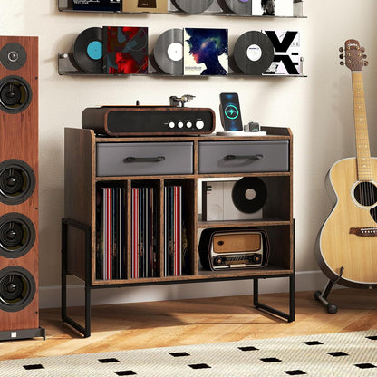 Large Record Player Stand with Charging Station, Modern Turntable Stand W/2 Fabric Drawers & Adjustable Shelf, Record Player Table, Vinyl Record Storage for Living Room (Rustic Brown)
