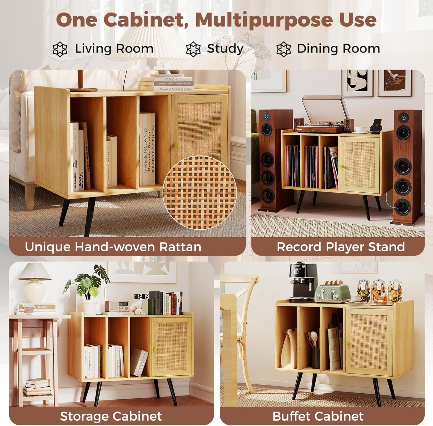 Mid Century Record Player Stand with Charging Station, Rattan Turntable Stand with Storage Cabinet & Adjustable Shelf, Boho Record Player Table, Vinyl Record Storage for Living Room, Bedroom