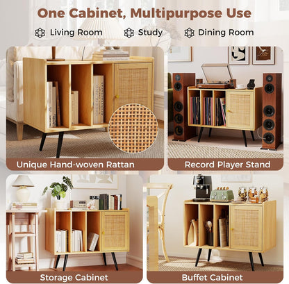 Mid Century Record Player Stand with Charging Station, Rattan Turntable Stand with Storage Cabinet & Adjustable Shelf, Boho Record Player Table, Vinyl Record Storage for Living Room, Bedroom