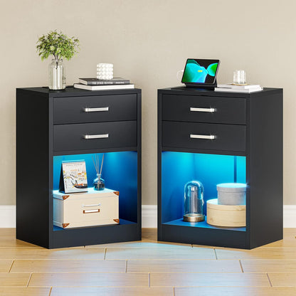 LED Nightstands Set of 2,Night Stands for Bedrooms Set of 2,Nightstand with Charging Station and LED Lights,Black Bedside Table with Power Outlets & Drawers,Modern End Side Table