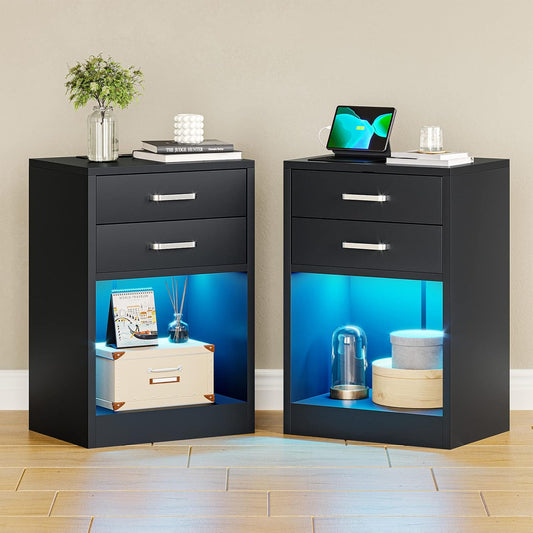 LED Nightstands Set of 2,Night Stands for Bedrooms Set of 2,Nightstand with Charging Station and LED Lights,Black Bedside Table with Power Outlets & Drawers,Modern End Side Table