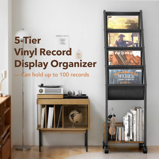 Vinyl Record Storage, Record Holder up to 100 Albums, Record Stand with 4 Tier Vinyl Holder Display Shelf, Movable Vinyl Storage Organizer Rack, Record Cabinet for Book Magazine Turntable