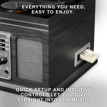 the Quincy 6-In-1 Bluetooth Record Player & Multimedia Center with Built-In Speakers – 3-Speed Turntable, CD & Cassette Player, AM/FM Radio, Wireless Music Streaming (Mahogony)