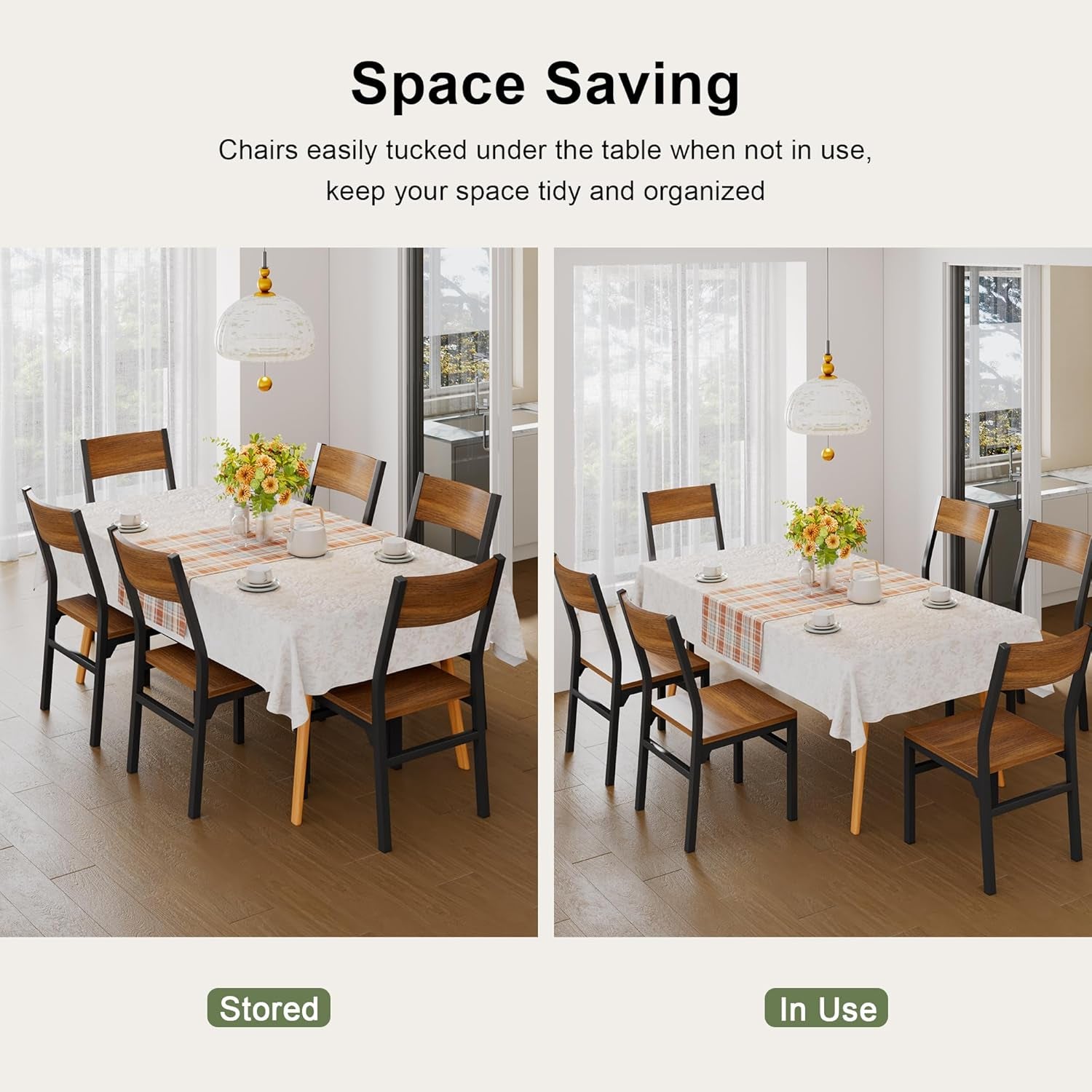 Dining Chairs Set of 6, Modern Kitchen Chairs with Ergonomic Backrest, MDF Board and Metal Legs, Dinner Chairs for Dining Room, Kitchen and Living Room, Walnut