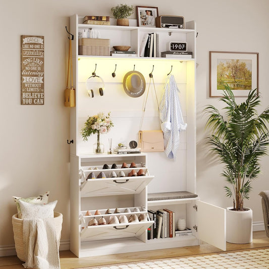 Entryway Hall Tree with Bench and Shoe Storage, 5-In-1 Narrow Hall Tree with LED Light, Cushioned Stool & 9 Hooks, 2 Flip Drawers, 78" Coat Shoe Rack for Mudroom, Hallway, Living Room, White