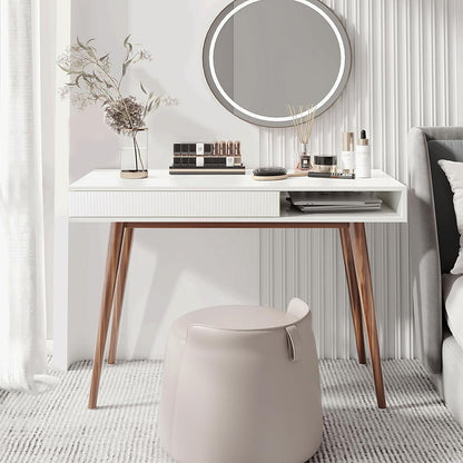 White Writing Desk with Drawers Mid Century Modern Desk, Wood Office Computer Desks for Small Space, White Desks with Walnut Legs