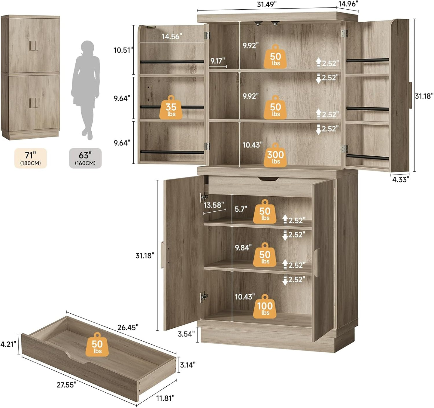 71" Tall Kitchen Pantry Cabinet, Pantry Storage Cabinet with 6 Door Shelves, Hidden Drawer and Adjustable Shelf, Freestanding Rustic Wood Pantry for Kitchen, Dining Room (Grey Oak)