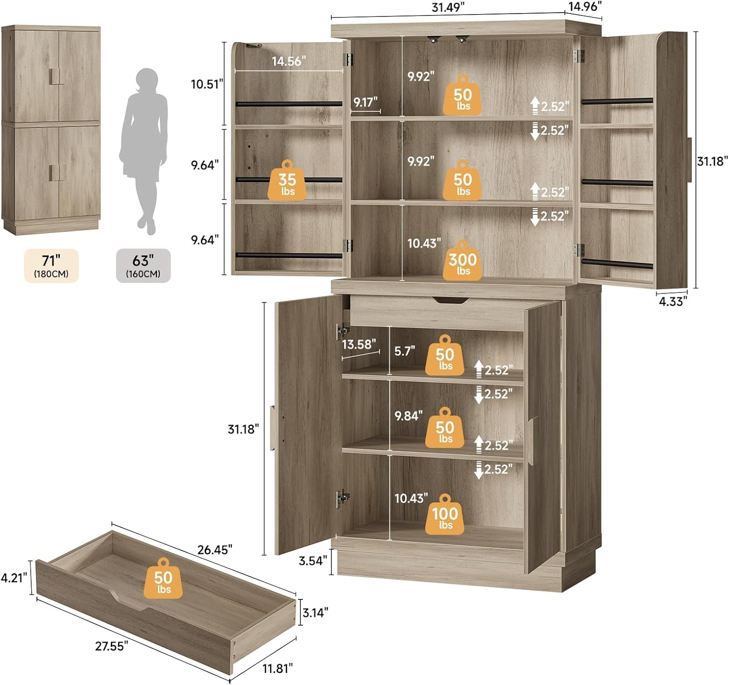 71" Tall Kitchen Pantry Cabinet, Pantry Storage Cabinet with 6 Door Shelves, Hidden Drawer and Adjustable Shelf, Freestanding Rustic Wood Pantry for Kitchen, Dining Room (Grey Oak)