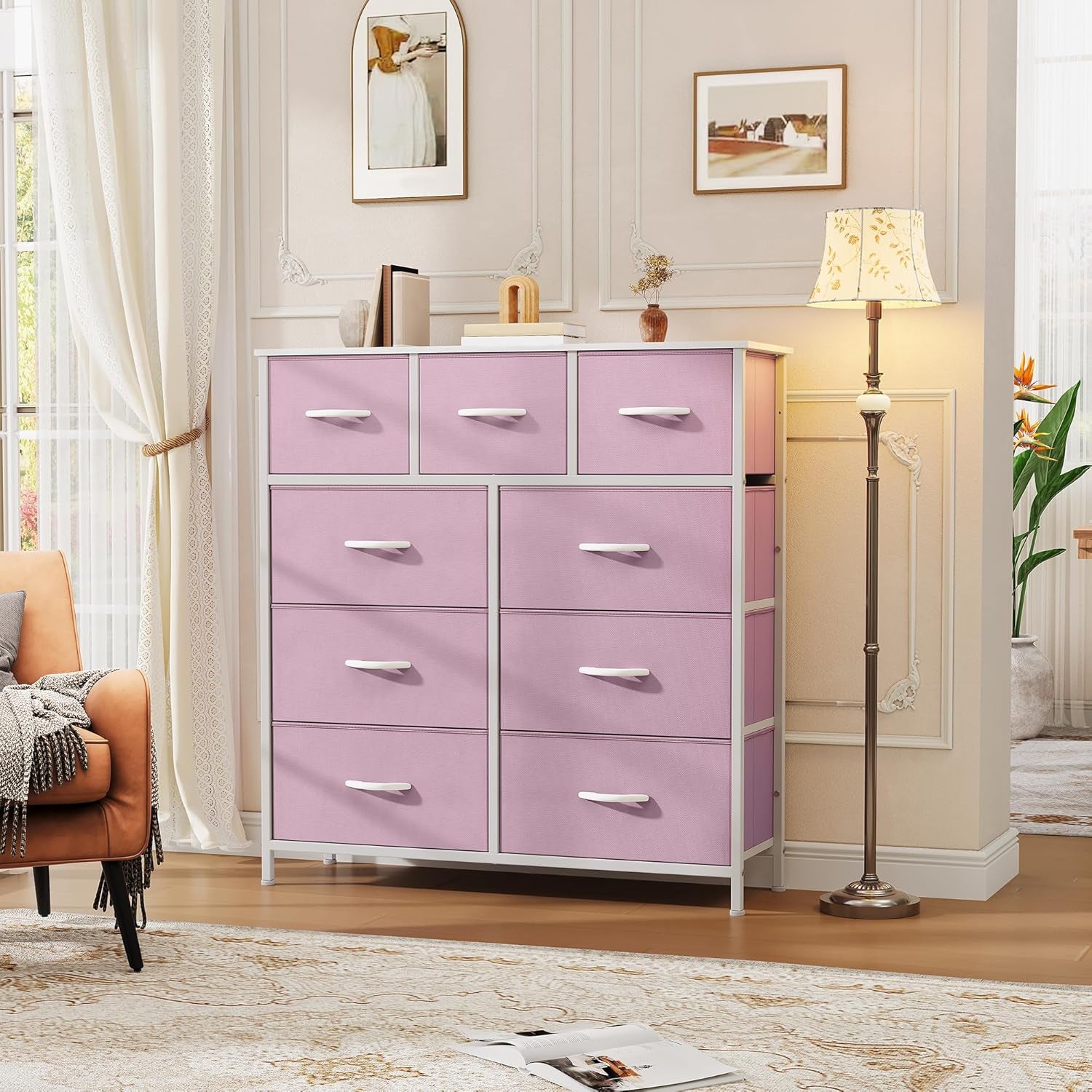 Dresser with 9 Drawers, Fabric Storage Dresser, Closet Chest of Drawers for Living Room, Closets - Sturdy Steel Frame, Wooden Top & Easy Pull Fabric Bins (Pink)
