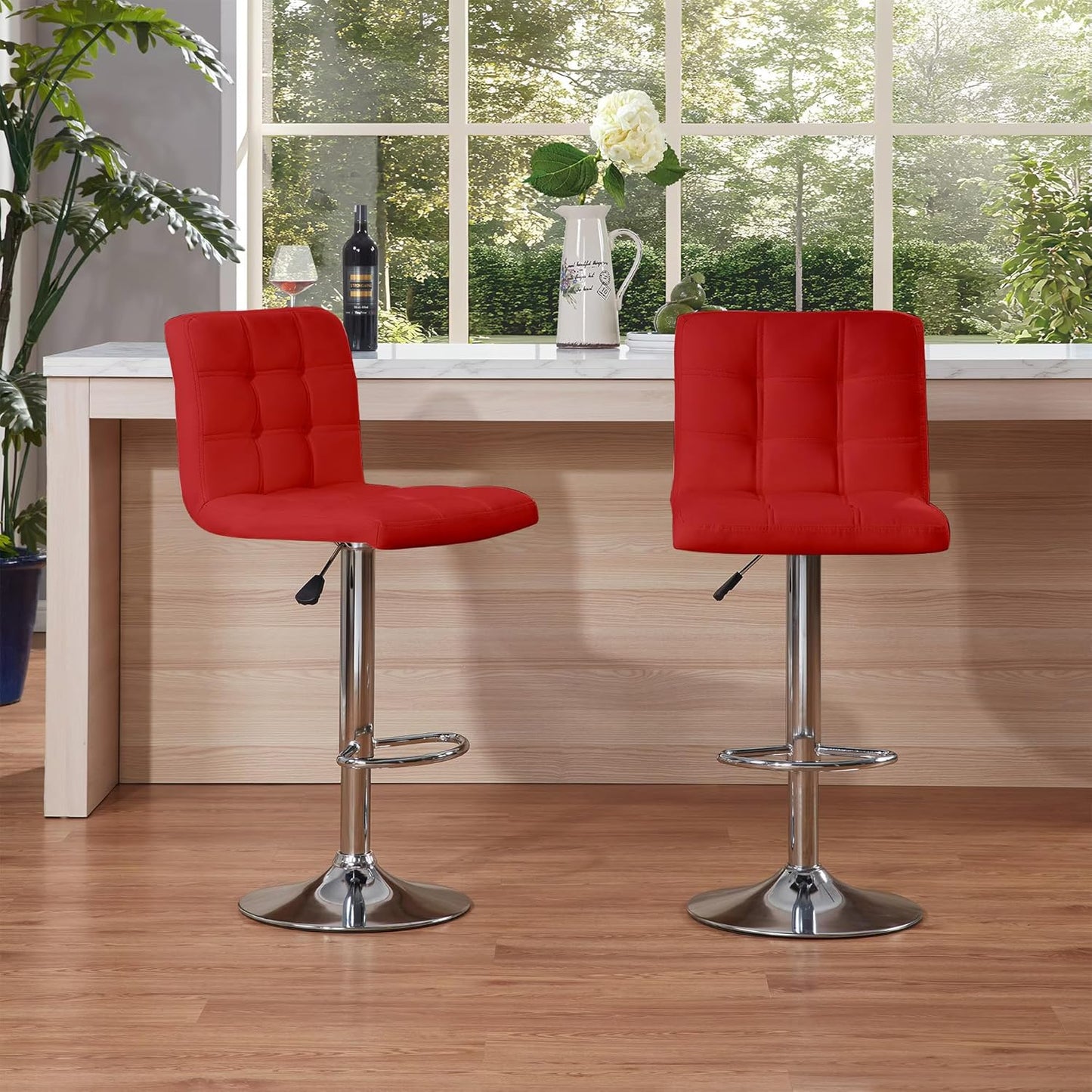 Bar Stools 1 Set of 2, Counter Height Bar Stools, Square Cushion Bar Stools with Back, Footstool, Cafe, Red, 2 Pieces