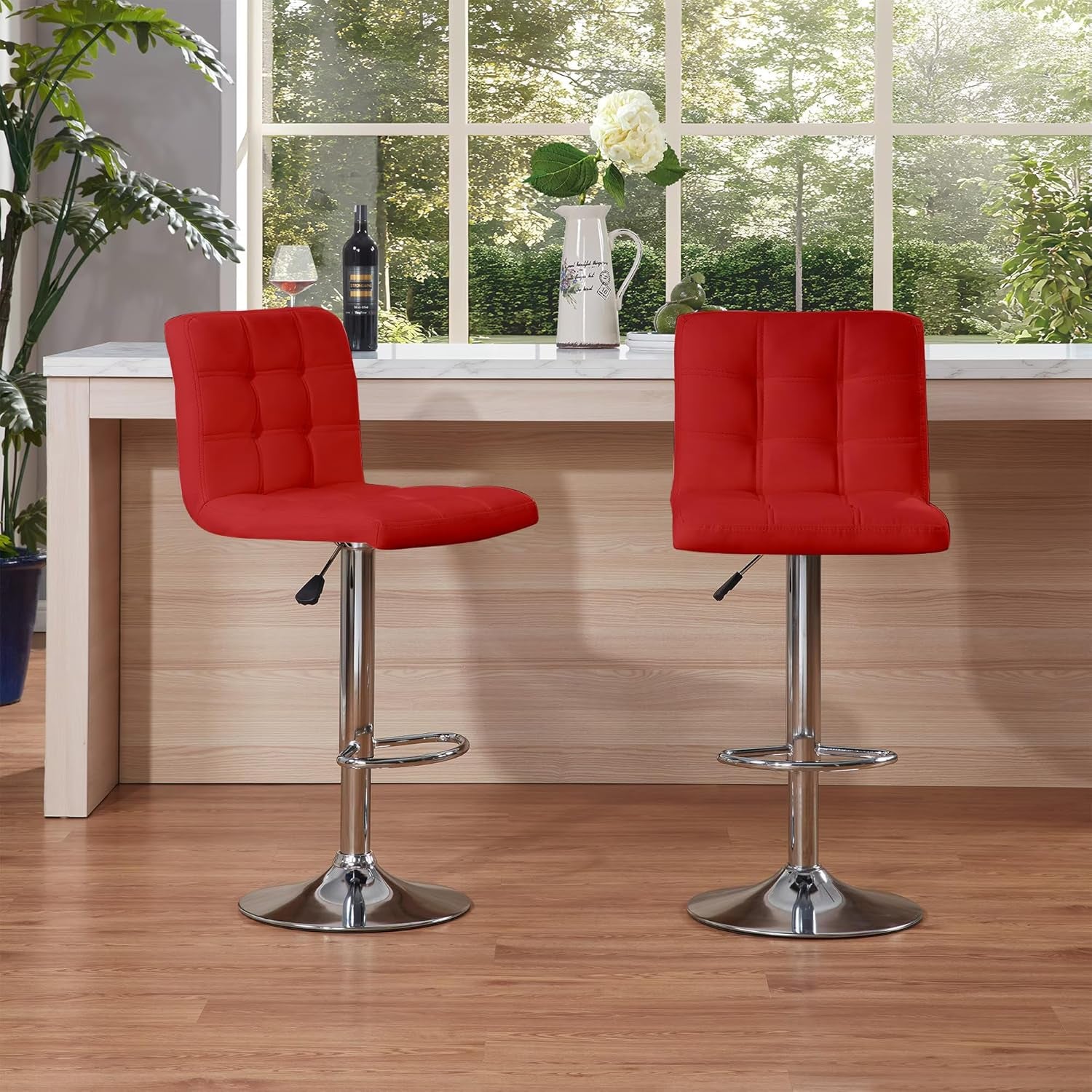 Bar Stools 1 Set of 2, Counter Height Bar Stools, Square Cushion Bar Stools with Back, Footstool, Cafe, Red, 2 Pieces