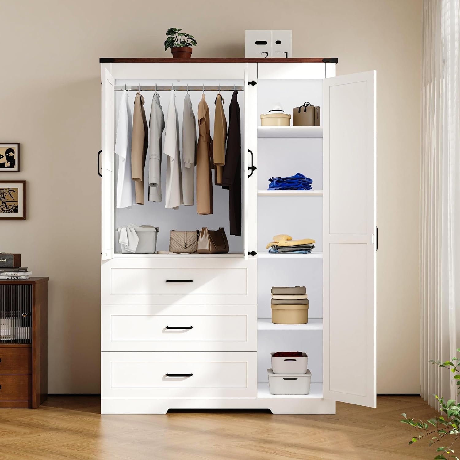 70" Tall Wardrobe Closet with 3 Doors & 3 Drawers, Farmhouse Armoire with Hanging Rod, Wooden Armoire Wardrobe Closet for Bedroom, Freestanding Clothing Storage Cabinet, White