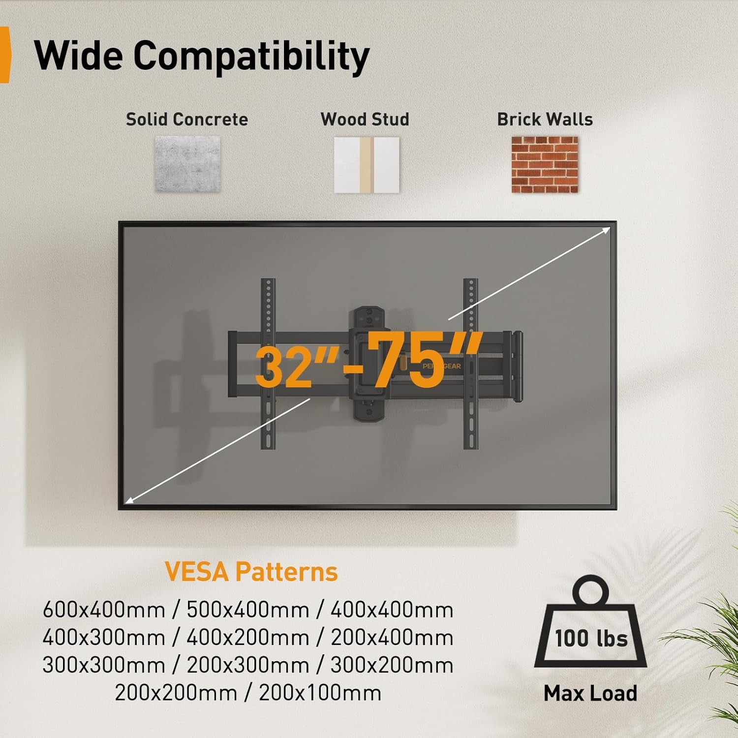 Corner TV Wall Mount Long Arm TV Mount Bracket for 32-75 Inch Tvs-Full Motion TV Wall Mount with 32.37” Extension & Swivel Articulating Arm & Tilt, MAX VESA 600X400Mm, Holds up to 100 Lbs