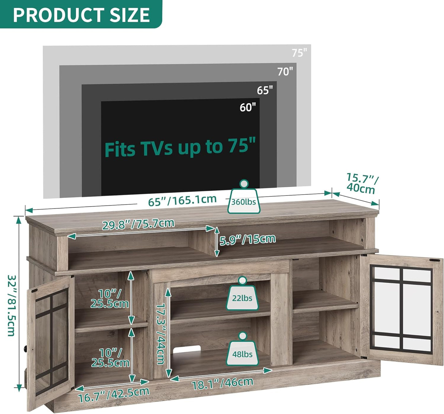 Modern TV Stand for 75 Inch TV, LED Entertainment Center with Adjustable Shelves and Glass Doors, 32'' Tall Television Stands TV Media Console Table for Living Room, Pine Grey