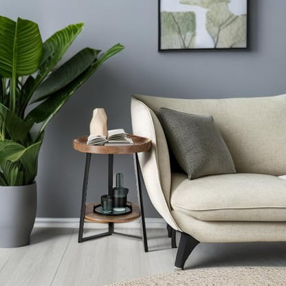 round End Table with Storage Shelf, 2 Tier Farmhouse Side Table Nightstand for Living Room, Bedroom, Wood Tabletop & Black Metal Frame, Brown 15.7 * 15.7 * 23.0Inches