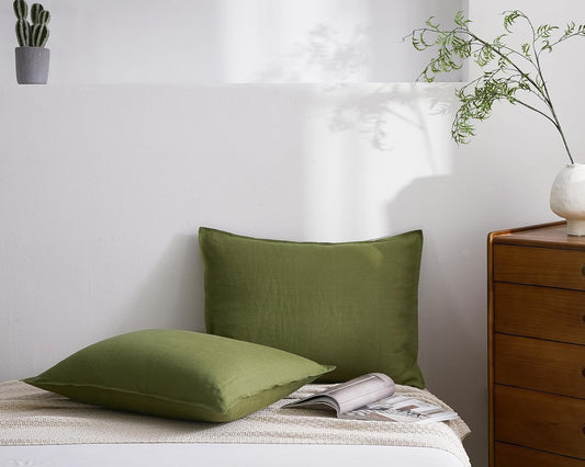 100% French Linen Pillowcases 20X36 Inches King Pillow Shams Pack of 2 with Envelope Closure, Stone Washed Soft Durable Breathable and Cooling Pillow Covers(Olive Green, King)
