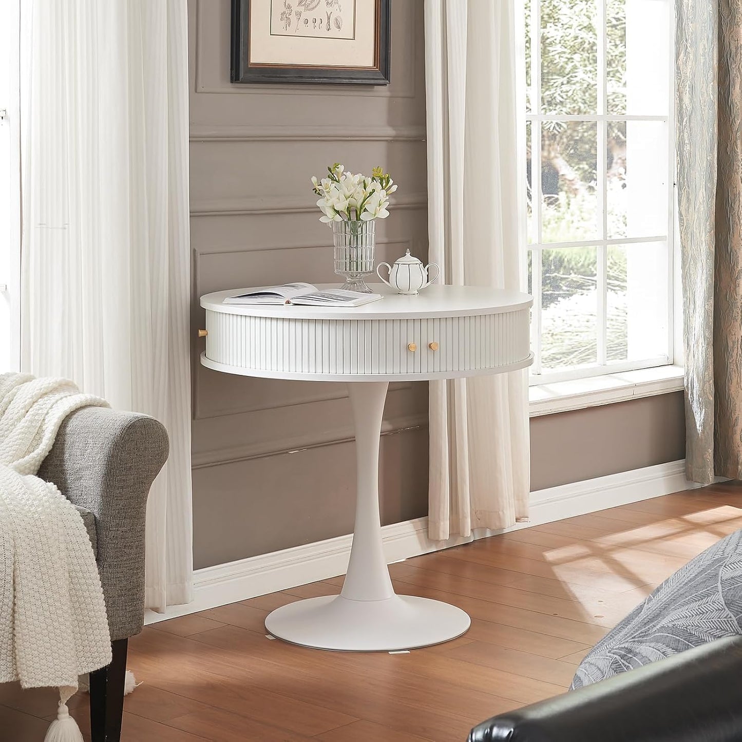 31.5"W round Fluted Pedestal Table for 2 3 4, White Circle Kitchen Dinner Table with Hidden Storage, 31''H Small Tulip Breakfast Desk with Sliding Door, Metal Base for Kitchen, Cafe, Patio, Courtyard