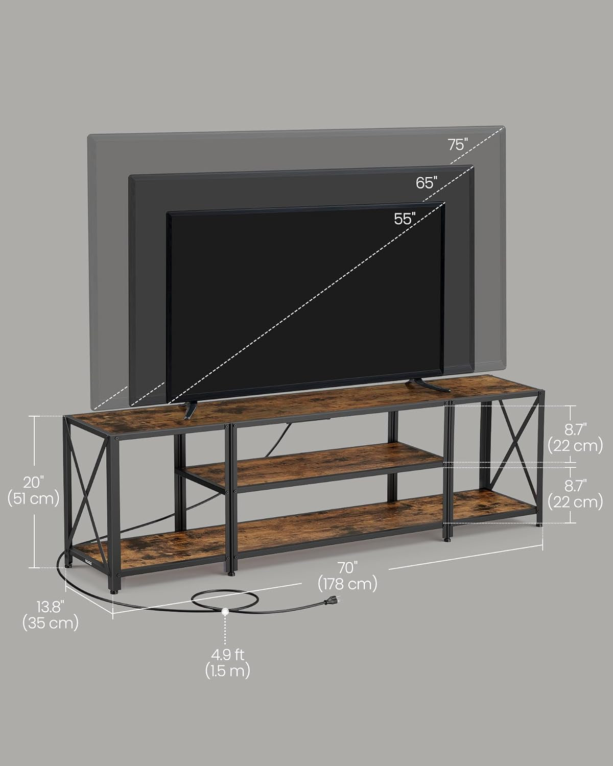 TV Stand with Power Outlets and LED Lights, for Tvs up to 75 Inches, Entertainment Center with Open Storage Shelves, Console Table for Living Room, Rustic Brown and Ink Black ULTV122K01