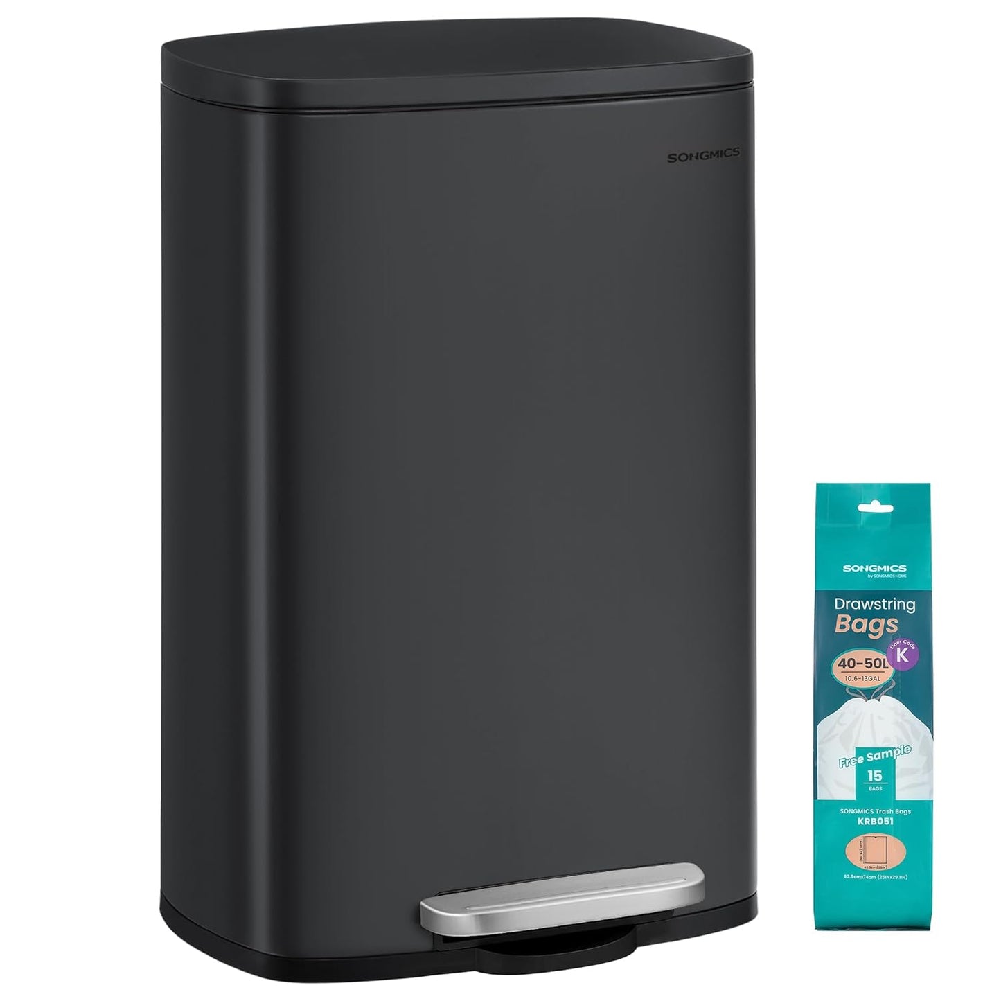13 Gallon (50 L) Trash Can, Stainless Steel Kitchen Garbage Can, Recycling or Waste Bin, Soft Close, Step-On Pedal, Removable Inner Bucket, Silver ULTB050E01