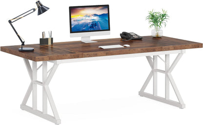70.8-Inch Executive Desk, Large Computer Office Desk Workstation, Modern Simple Style Laptop Desk Study Writing Table Business Furniture for Home Office (Brown/White, 70.8 Inch)