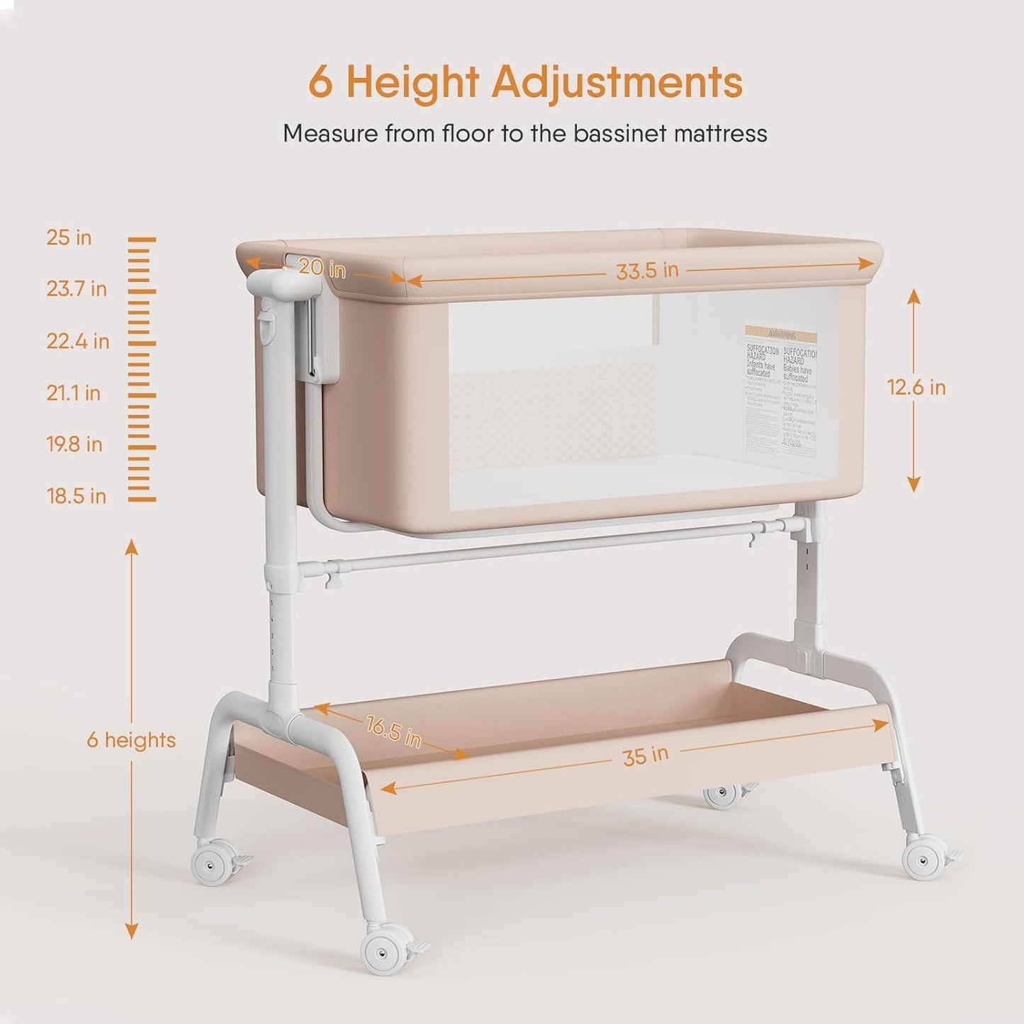 3-In-1 Baby Bassinet, Rocking Bassinet, Bedside Bassinet for Baby, Stable and Secure Bassinet Bedside Sleeper for Newborn & Infant, 6 Height Adjustable with Wheels, Mattress & Breathable Mesh (Khaki)