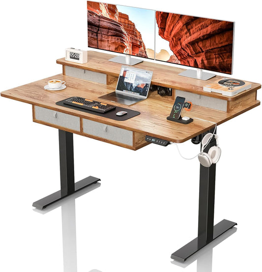 Electric Standing Desk with Drawers & USB Charging Port, 48''X 30''Adjustable Height Sit Stand up Widened Desktop Desk, Computer Office Desks with Storage for Home Workstation, 3 Memory Height Preset