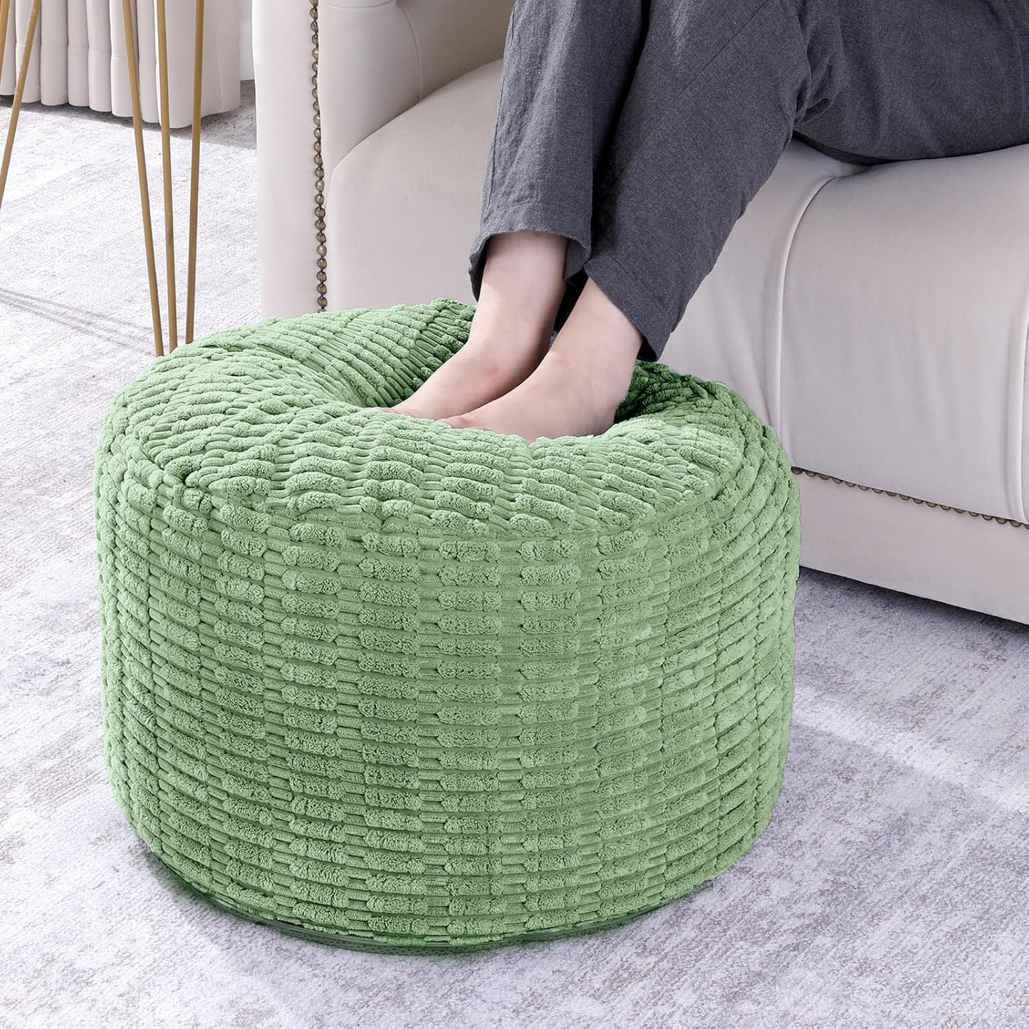 Unstuffed Ottoman Pouf Cover,Round Faux Fur Foot Stool, Fuzzy Chair, Floor Bean Bag(No Filler),Foot Rest with Storage for Living Room, Bedroom, Office, Striped Tufted (Sage Green)