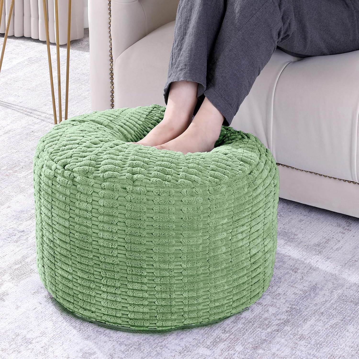 Unstuffed Ottoman Pouf Cover,Round Faux Fur Foot Stool, Fuzzy Chair, Floor Bean Bag(No Filler),Foot Rest with Storage for Living Room, Bedroom, Office, Striped Tufted (Sage Green)