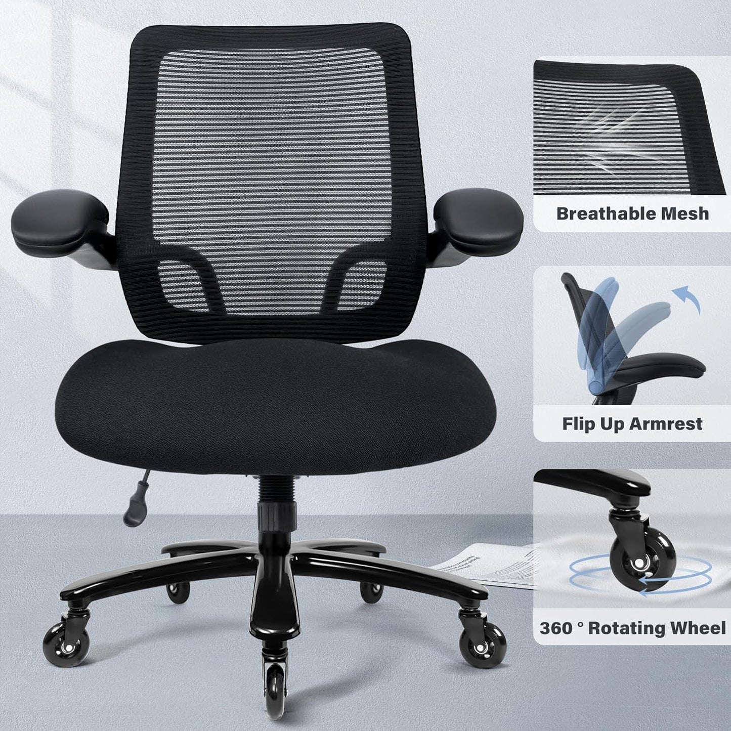 500Lbs Big and Tall Office Chair - Heavy Duty Mesh Ergonomic Desk Chair, High Back Computer Chair - Flip-Up Armrests, Wide Thick Seat Cushion, Quiet Wheels