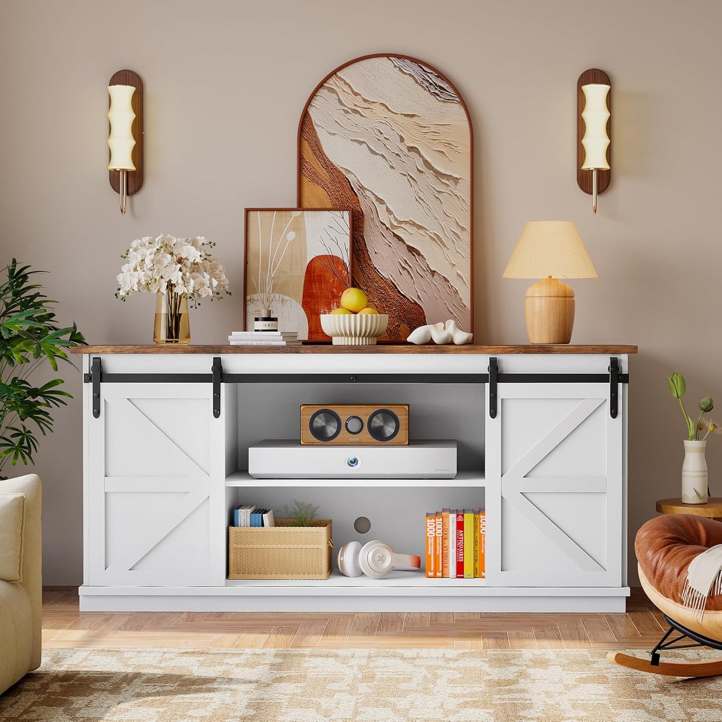 TV Stand for Televisions up to 65 Inchs, with Sliding Barn Doors and 4 Storage Drawers, Console Table and Media Furniture for Living Room, 58 Inch, Milk White