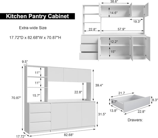 Extra Large Kitchen Pantry with Microwave Shelf, Kitchen Hutch Storage Cabinet with Countertop, Freestanding Countertop Cabinet with 3 Drawers and 3 Open Shelves, White