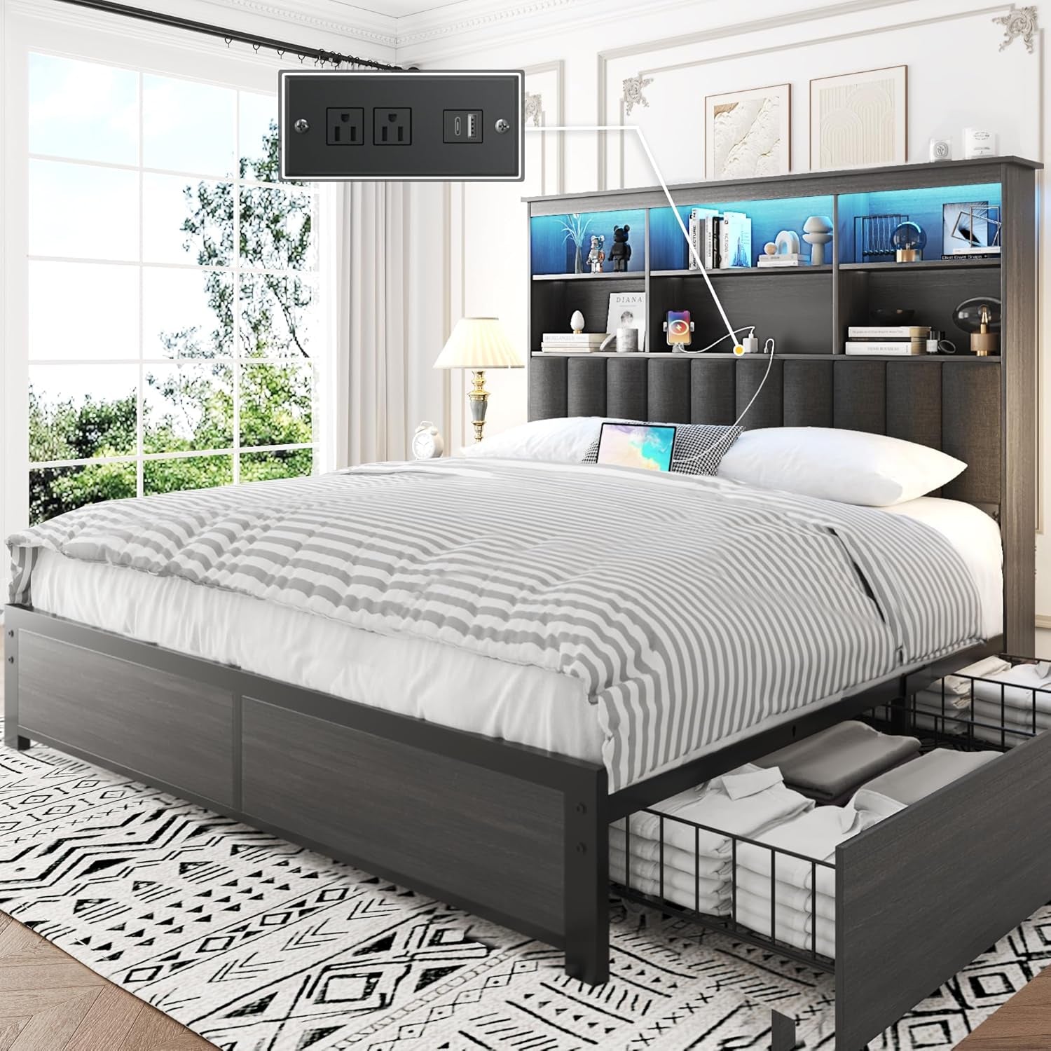 Queen Bed Frame with Headboard, Queen Bed Frame with High Storage Bookcase Headboard, 4 Storage Drawers & Charging Station, No Box Spring Needed/Noise Free/All-Metal Support, Rustic Grey