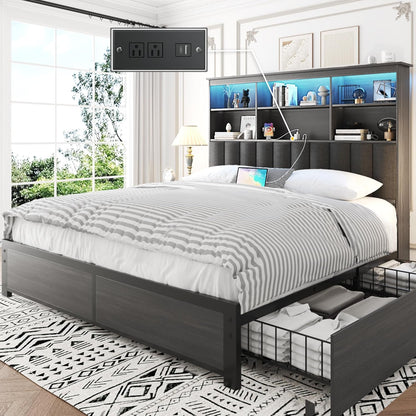 Queen Bed Frame with Headboard, Queen Bed Frame with High Storage Bookcase Headboard, 4 Storage Drawers & Charging Station, No Box Spring Needed/Noise Free/All-Metal Support, Rustic Grey