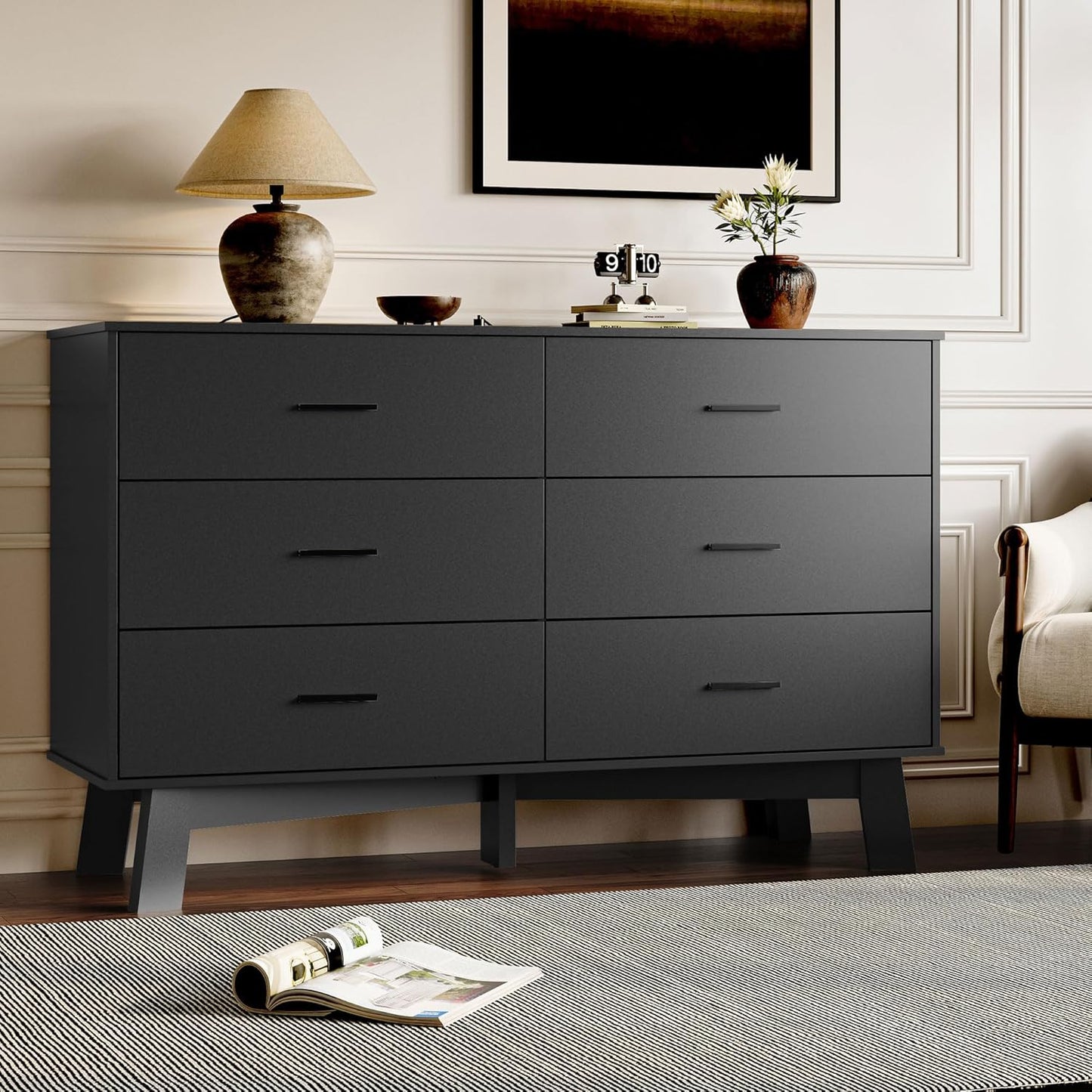 Dresser for Bedroom with 6-Drawer, 47.2" Modern Chest of Drawers with Metal Handles, X-Shape Base & Adjustable Center Leg, Anti-Tip Closet Organizers and Storage