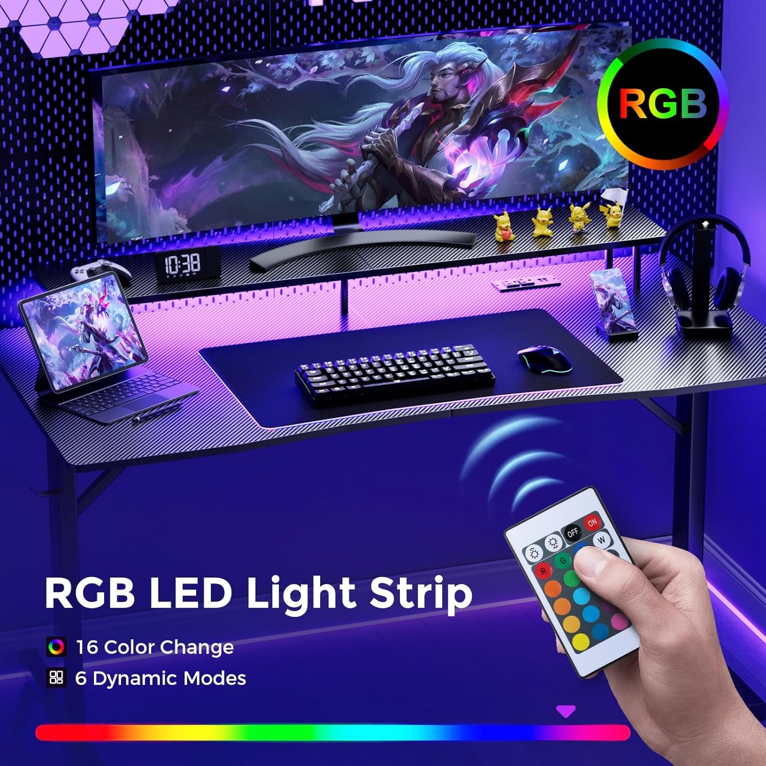 Gaming Desk with LED Lights, 55 Inch Large Computer Gamer Desk with Monitor Stand & Power Outlet, Ergonomic Carbon Fiber Surface Gaming Table with Mouse Pad for Home Office, Carbon Black