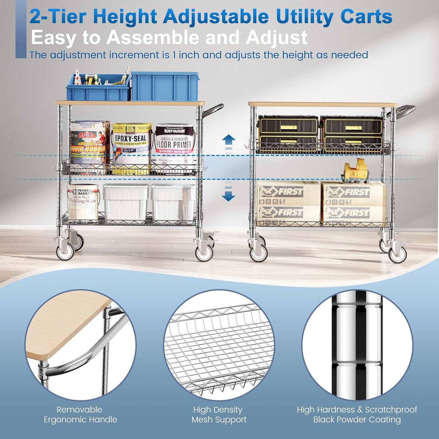 Rolling Kitchen Carts with Wheels, 34" L X 17.5" W, 3-Tier Heavy Duty Utility Cart with Wood Tabletop, NSF Commercial Metal Serving Cart with Handle and Shelf Liner for Kitchen, Chrome