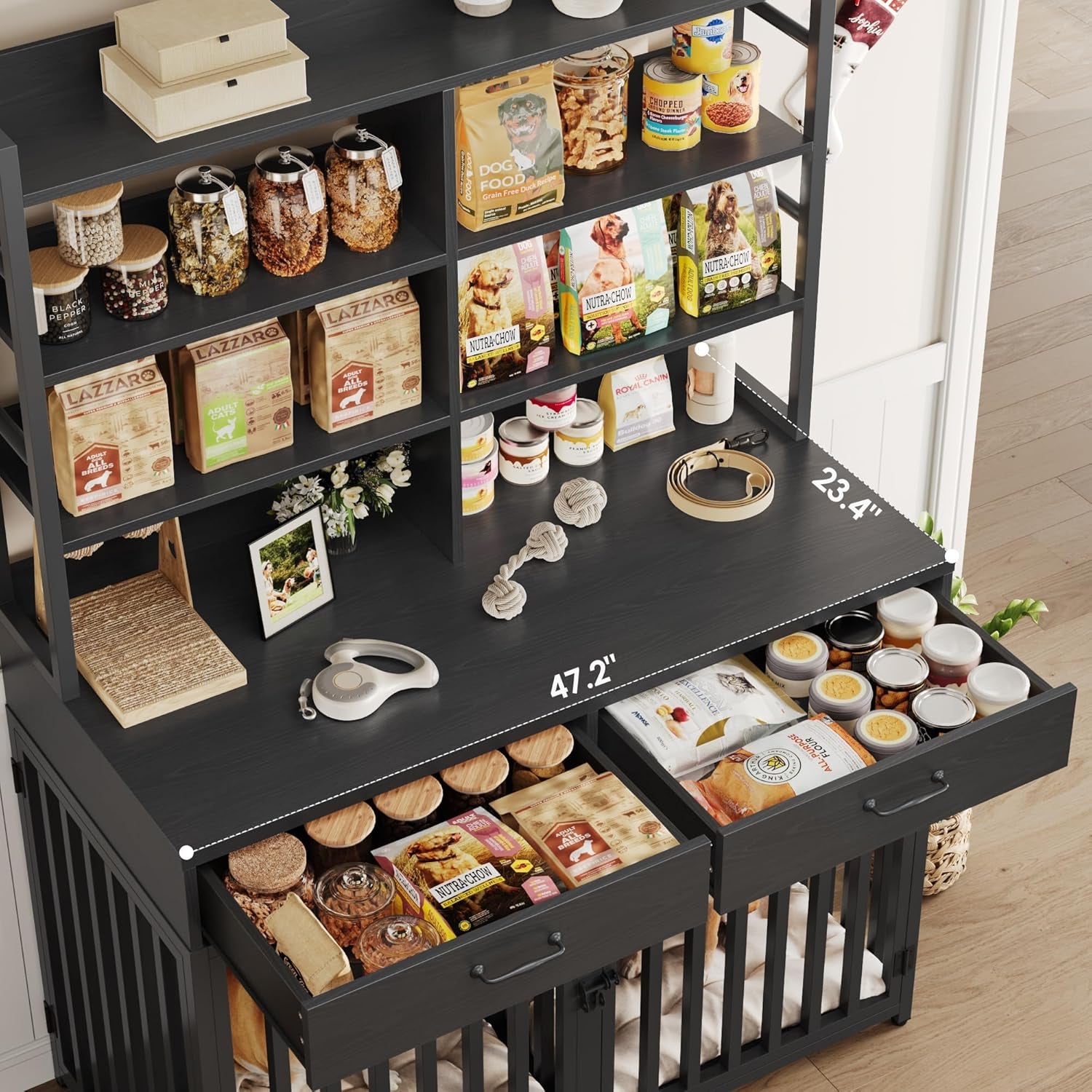 71''H X 47.2''W Large Dog Crate Furniture with 4-Tier Shelves and 2 Storage Drawers, Heavy Duty Dog Cage Furniture with 2 Doors, Wood & Metal Dog Kennel Indoor for Small/Medium/Large Dog, Black