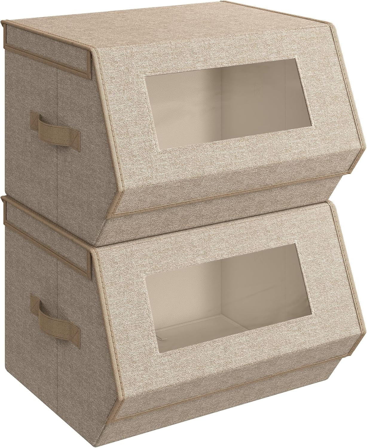 Stackable Storage Bins Set of 2, Storage Boxes with Lids and Front Windows, Non-Woven Fabric Closet Organizers with Magnetic Closures, Side Handles, Sand Beige URLB002Y01