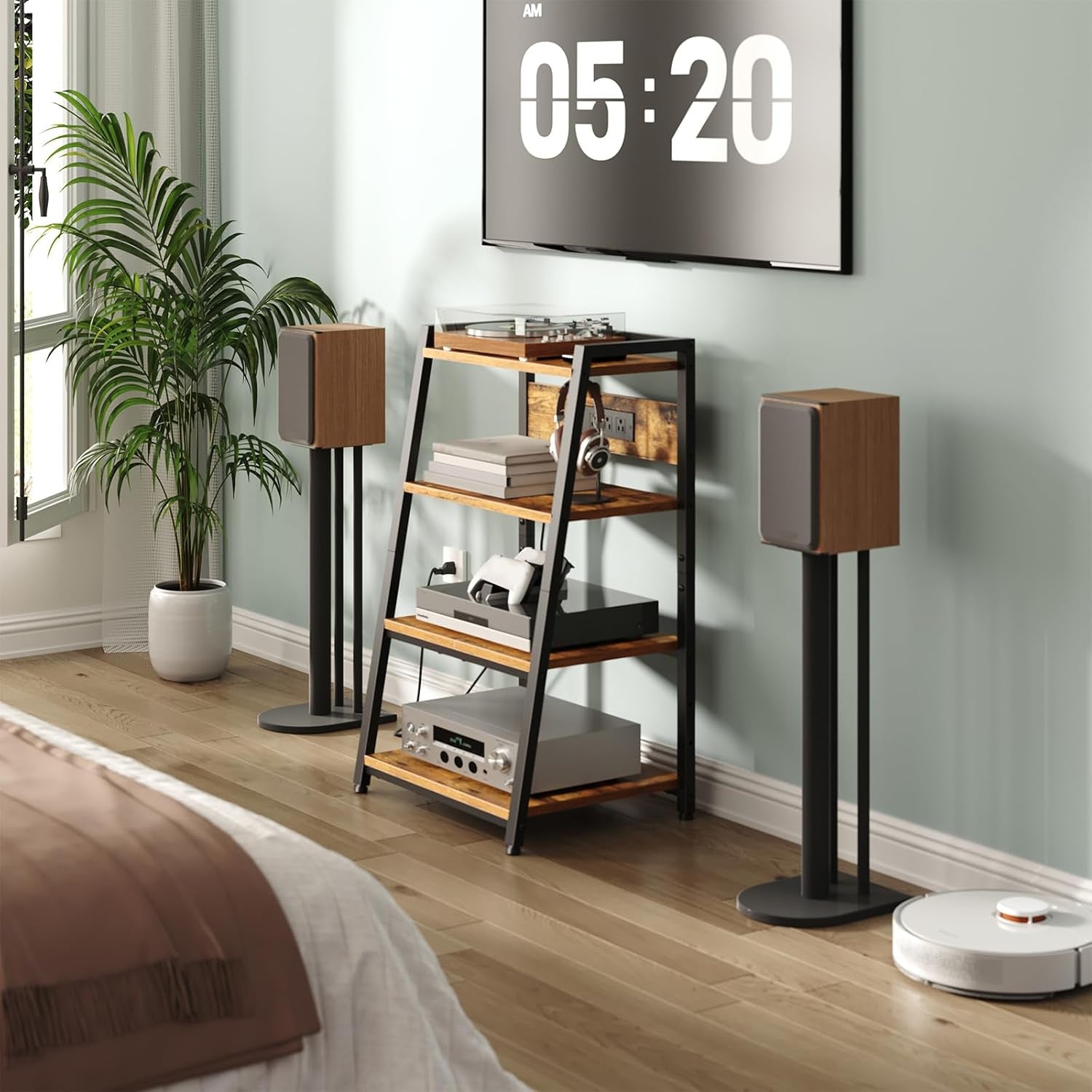 4-Tier AV Media Stand with Charging Station and LED Light, Wooden Stereo Cabinet, Game Console Stand, Media Audio Rack, Record Player, Entertainment Center, Rustic Brown and Black BF106UDCJ01