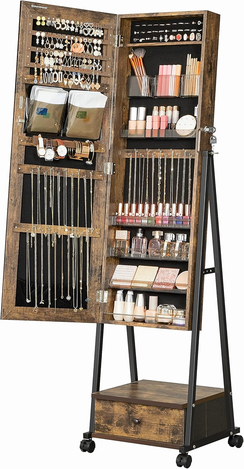 Jewelry Cabinet Floor Standing, Lockable Jewelry Organizer with High Full-Length Mirror, Bottom Drawer, Shelf, Wheels, Jewelry Armoire, Gift Idea, Toasted Oak Color and Black UJJC004N01