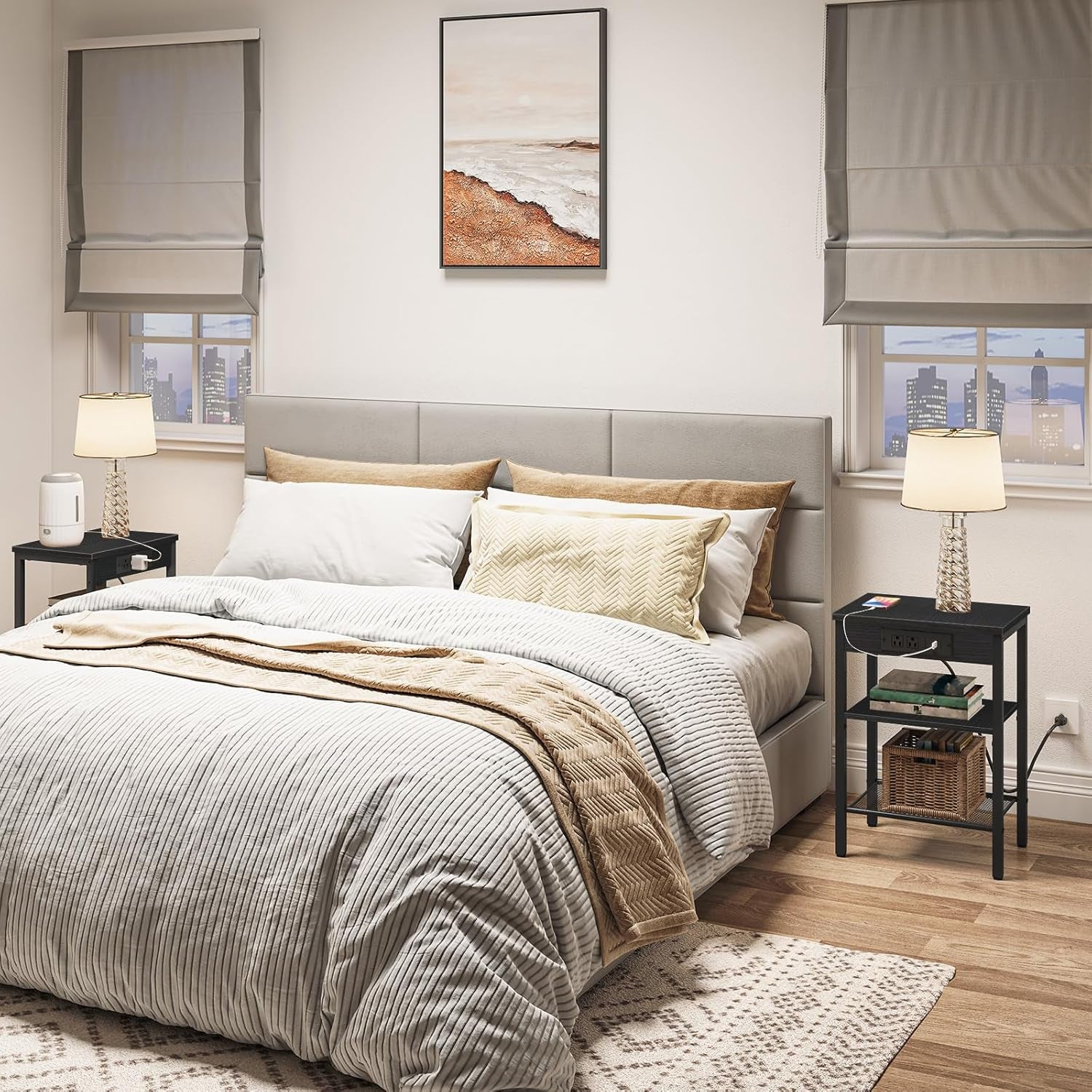 Side Table with Charging Station and USB Port, Small End Table for Small Space, 3-Tier Nightstand with Adjustable Shelf, for Living Room, Bedroom and Balcony, Black BB112BZ01