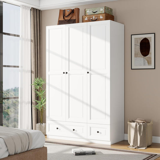 Armoire Wardrobe Closet with Drawers: 74" White Tall Wooden Wardrobe Closet for Hanging Clothes, Large Bedroom Armoires with 2 Drawers, 3 Door Armoire Storage Cabinet (White, 47")