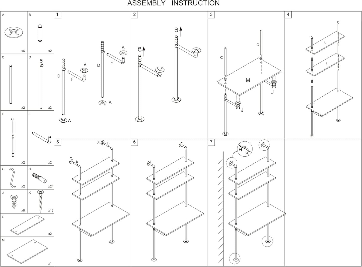 White and Gold Desk, 36" Ladder Desk, Wall Mount Computer Writing Table Pipe Shelf Shelving Mini Narrow Industrial Modern for Small Spaces(36X20X81)